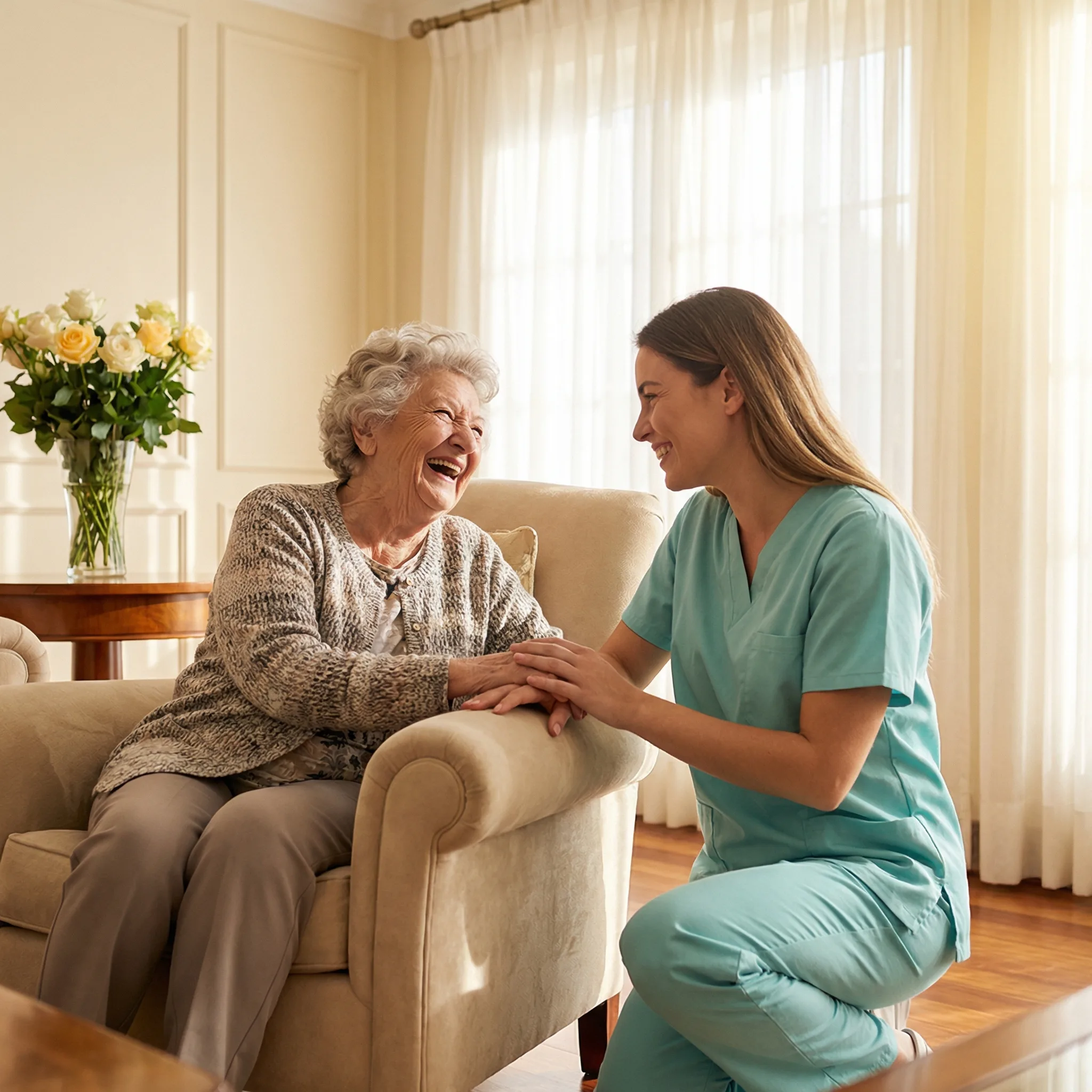 Caregiver sharing a warm moment with an elderly client in a sunlit living room