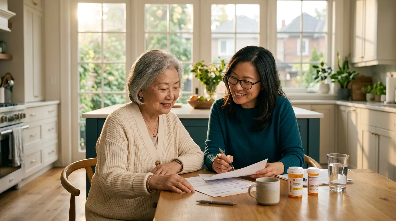Elderly parent and adult daughter reviewing paperwork at a sunlit kitchen table after returning home from hospital