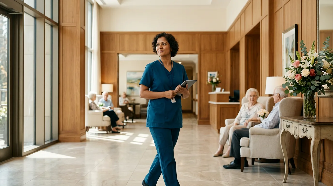 Professional personal support worker walking through the elegant lobby of a Toronto retirement residence